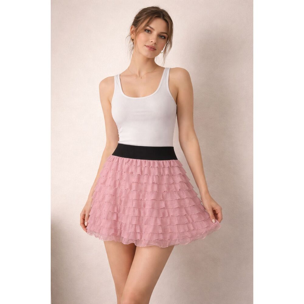 Express Y2K Pink Ruffled Skater Mini Skirt M Layered Romantic Coquette Kawaii